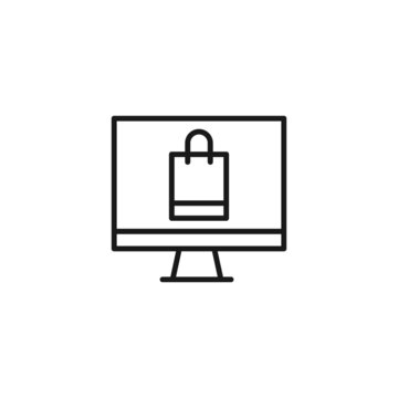 Line icon of shopping bag on screen of computer