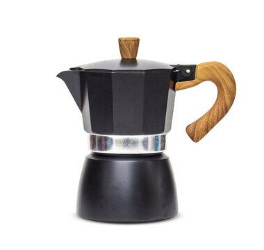 Moka pot coffee pot metal black italian espresso maker isolated on white background. Moka coffee old making coffee.