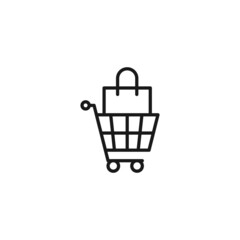 Line icon of shopping bag in shopping trolley