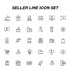 Seller line icon set including icons of shops and credit cards