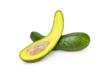 Slice half avocado green fresh. Vitamin fortified fruit Isolated on white background. Health food concept