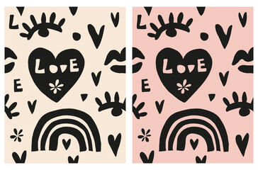 Simple Doodle Seamless Vector Pattern with Rainbow, Eyes, Lips and Hearts. Lovely Irregular Print with Black Doodles Isolated on a Beige and Blush Pink Background. Funny Infantile Style Design.