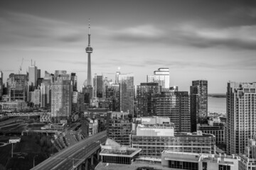 View of Toronto city with clear sky from above in black and white