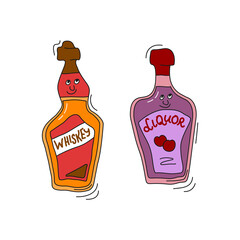 Fototapeta na wymiar Whiskey and liquor with smile on white background. Cartoon sketch graphic design. Doodle style with black contour line. Cute hand drawn bottle. Party drinks concept. Freehand drawing style