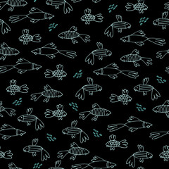 Seamless pattern with outlined fantasy fish in cartoon style. Black and white wallpaper, backgound for kids