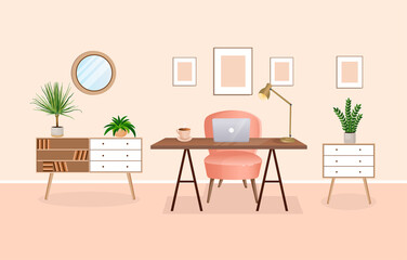 Interior of a room for working from home with furniture and houseplants. Office with computer, workplace, cabinet. Vector flat style illustration. Remote work, freelance, education and business.