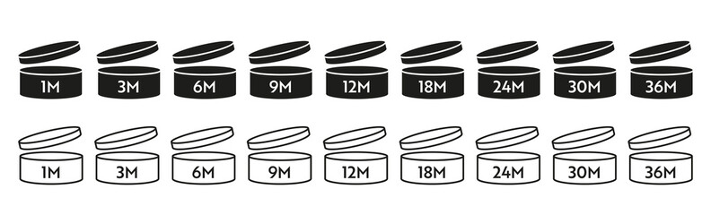 PAO vector dark and light icon set. Period after opening symbols. Can with open cap with expiration period in months.