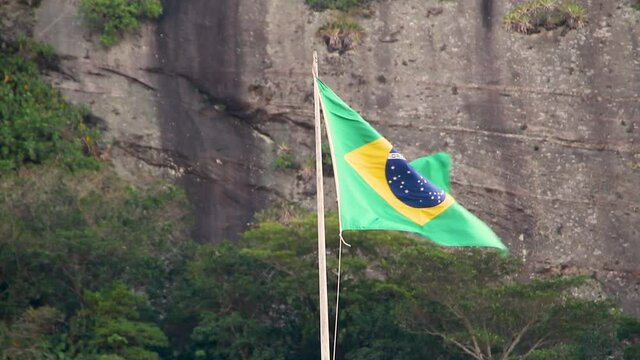 Flag of Brazil outdoors in Rio de Janeiro, Brazil.