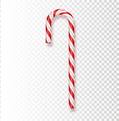 Xmas candy cane isolated on transparent background. Greeting card template for Christmas and New Year.