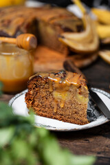 Upside down banana cake with caramel sauce