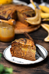Upside down banana cake with caramel sauce