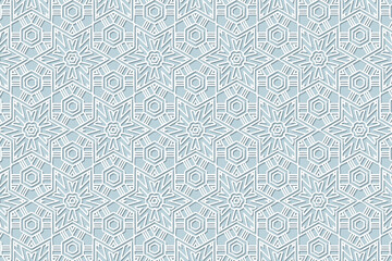 Geometric volumetric convex ethnic white 3D pattern. Embossed blue background. Oriental, Indonesian, Asian motives in arabesque style, lace original texture, cut paper ornament.