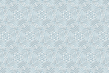 Geometric volumetric convex ethnic white 3D pattern. Embossed blue background. Oriental, Indonesian, Asian motifs in arabesque style, lace fashionable texture, cut paper ornament.