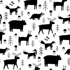 Black and white seamless pattern with forest animals