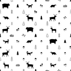 Black and white seamless pattern with forest animals
