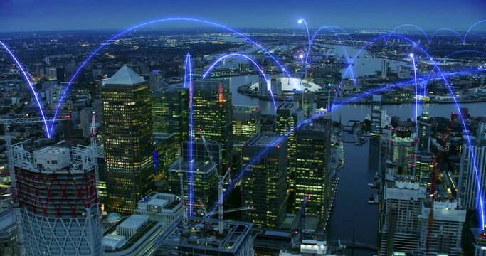 
Blue Holographic Lines Connecting London. Aerial View Of Connected City. Arch Network. Smart And Futuristic Metropolis. Holographic Animation Over The Financial District.