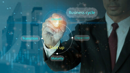 Steps of the life cycle of business, Businessman drawing in project management concept diagram - startup - growth - expansion - maturity - transition.