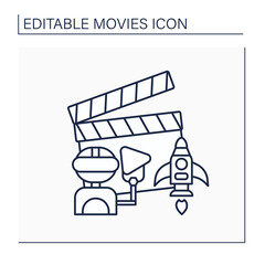Sci-fi movie line icon. Film genre with half-science plot. Include alien worlds, time travel with robots and spacecraft. Movie concept. Isolated vector illustration. Editable stroke