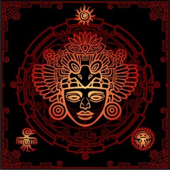 Linear drawing: decorative image of an ancient Indian deity. Magic circle. Vector illustration.