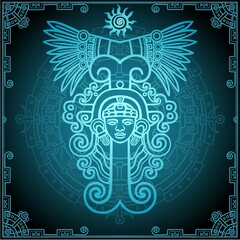 Linear drawing: decorative image of an ancient Indian deity. Mystical circle. Sun symbol, decorative frame. Vector illustration. Print, posters, t-shirt, textiles.