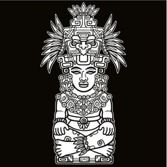 Decorative image of an ancient Indian deity. Motives of art Native American Indian. Ethnic design, tribal symbol. Vector illustration: the white drawing isolated on a black background. 
