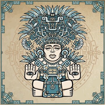 Linear drawing: decorative image of an ancient Indian deity. Motives of art Native American Indian. Ethnic design, tribal symbol. A background - imitation of old paper. Vector illustration.