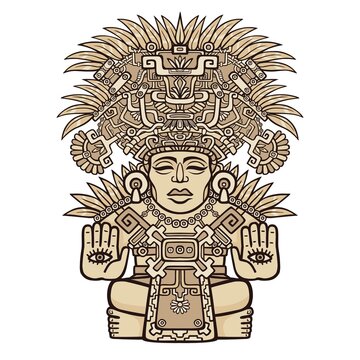 Linear drawing: decorative image of an ancient Indian deity. Motives of art Native American Indian. Ethnic design, tribal symbol. Vector illustration isolated on a white background.