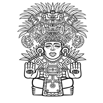 Linear drawing: decorative image of an Indian deity. Motives of art of Indians Maya. The isolated black silhouette on a white background. Vector illustration, be used for coloring book.