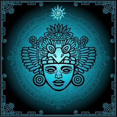 Linear drawing: decorative image of an ancient Indian deity. Magic circle.  Vector illustration.
