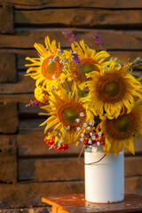 Beautiful autumnal bouquet of bright yellow sunflower flowers in white vase. Autumn still life with garden flowers.