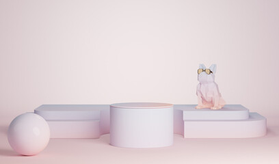 Bulldog Statues and Sculptures with podium on a pastel pink and coral background. Different concept idea. Trendy 3d render for social media banners, promotion, product, stage.
