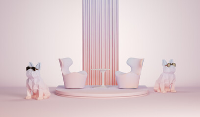 Bulldog Statues and Sculptures with podium on a pastel pink and coral background. Different concept idea. Trendy 3d render for social media banners, promotion, product, stage.

