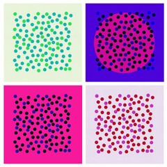 set of four pink, red, blue and green multicolored polka dot patterns in squares
