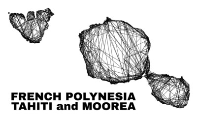 Wire frame irregular mesh Tahiti and Moorea islands map. Abstract lines are combined into Tahiti and Moorea islands map. Linear frame flat net in vector format. - obrazy, fototapety, plakaty