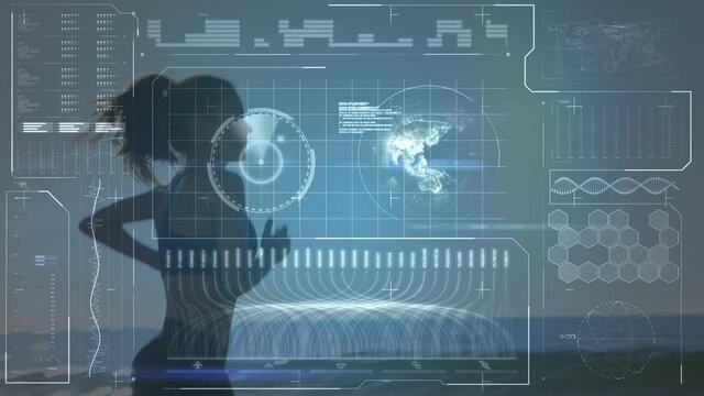 Animation of data processing over fit woman running