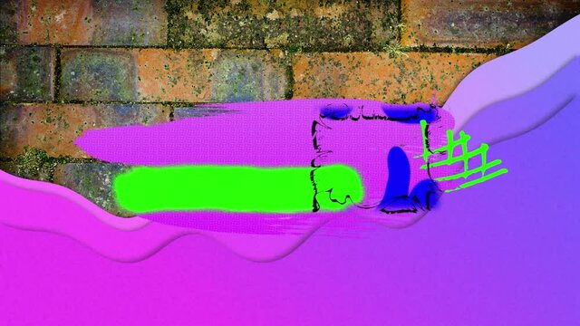 Animation of pink, blue and green abstract paint marks, over moving contour lines, over brick wall