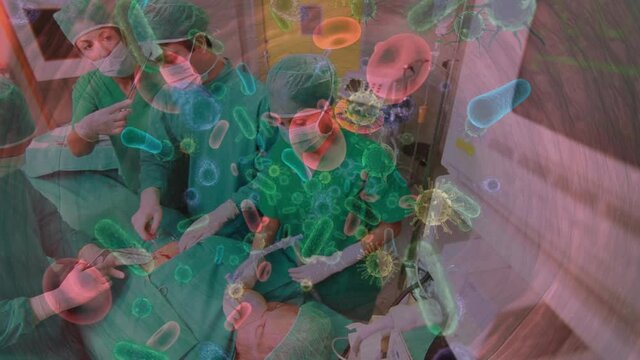 Animation of virus cells floating over doctors during surgery