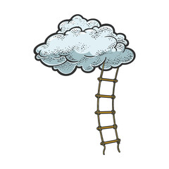 Rope ladder to cloud color sketch engraving vector illustration. Stairs to heaven metaphor. T-shirt apparel print design. Scratch board imitation. Black and white hand drawn image.