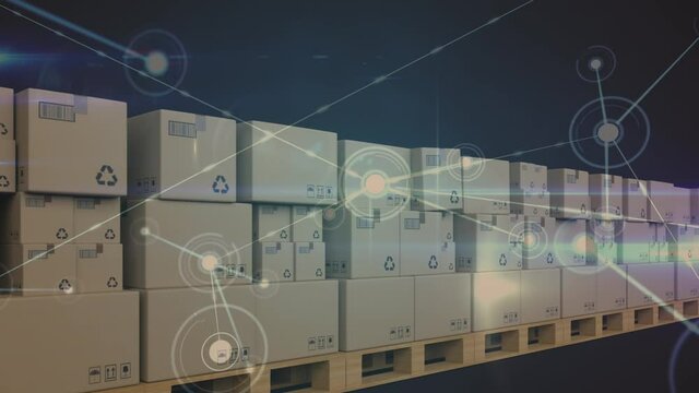 Animation of network of connections over boxes on conveyor belts in warehouse