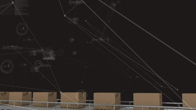 Animation of network of connections over boxes on conveyor belts in warehouse