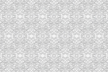 3d volumetric convex embossed geometric white background. Ethnic pattern. Original ornament. Texture in the style of arabesque. Oriental, Asian, Indonesian motives.