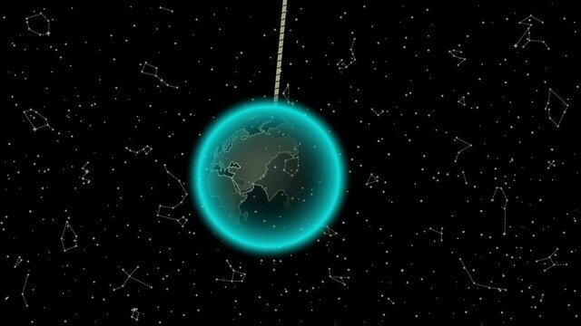 Animation of Black and Blue Swinging Pendulum with Earth. Single Object of Globe Isolated on Starry Night Background. Panoramic Sky Map of Hemisphere. Loop Seamless Stock Footage. 3D Graphic