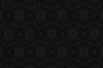 3D volumetric convex embossed geometric black background. Ethnic pattern.Exotic ornament. Arabesque texture with oriental, asian, indonesian, mexican, aztec motives.