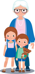 Fototapeta premium Family portrait in cartoon style grandmother and her grandchildren girl and boy. Vector illustration