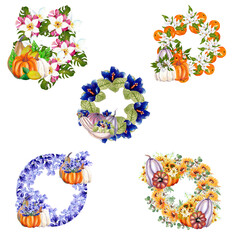 Watercolor pumpkin autumn wreaths, perfect to use on the web or in print