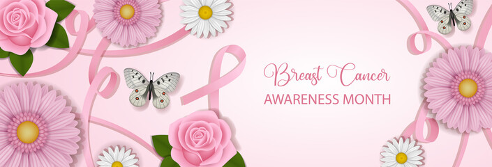 Breast cancer awareness month banner with pink ribbons and flowers