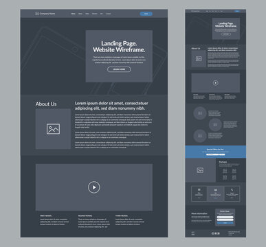 Dark website template. Landing page wireframe layout interface. One page site responsive design.