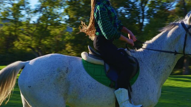 A teenage country girl riding a horse along a green sunny meadow. A young cowgirl with a horse under the sun rays