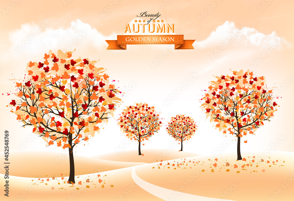 Aufkleber Autumn nature background with colorful trees and landscape. Vector.