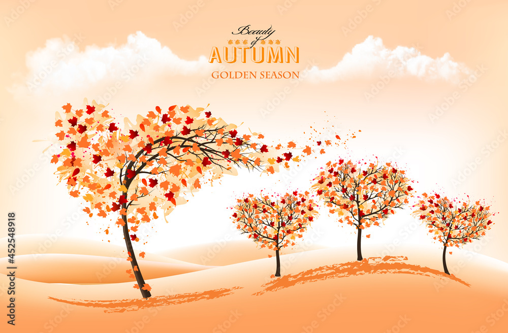 Poster nature background with stylized trees representing season - autumn and landscape. vector.
